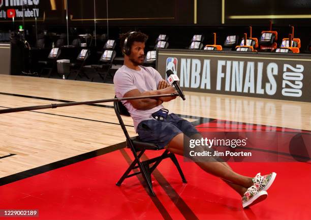 Jimmy Butler of the Miami Heat speaks to the media after the game against the Los Angeles Lakers in Game five of the 2020 NBA Finals as part of the...