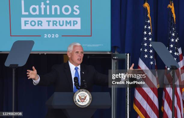 October 10, 2020 - Orlando, Florida, United States - U.S. Vice President Mike Pence addresses supporters at a Latinos for Trump campaign rally at...