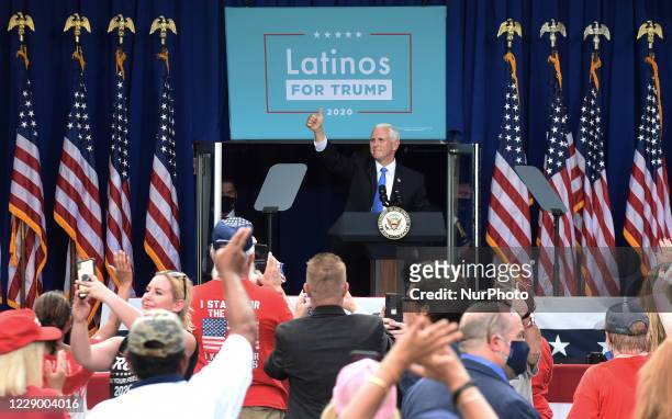 October 10, 2020 - Orlando, Florida, United States - U.S. Vice President Mike Pence give a thumbs up after addressing supporters at a Latinos for...