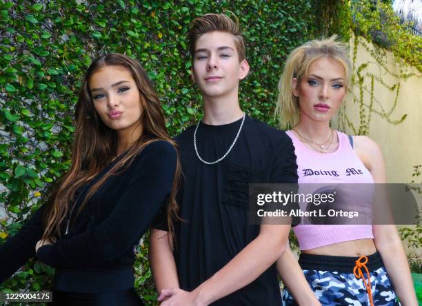 Brighton Sharbino, Sawyer Sharbino and Saxon Sharbino pose for photos during a photo shoot featuring the Sharbino family on October 10, 2020 in...