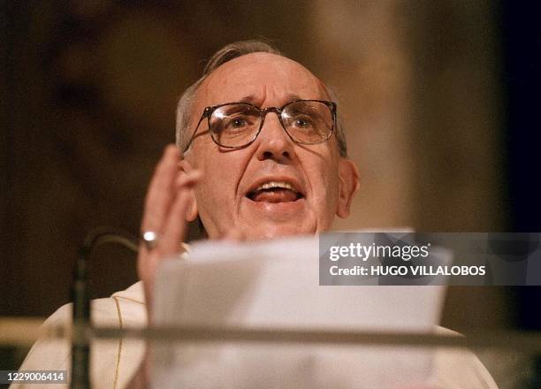 Archbishop of Buenos Aires, Jorge Mario Bergoglio gives the sermon during the traditional Te Deum at the Cathedral of Buenos Aires to commemorate the...