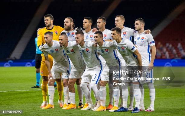 Slovakia's team line up during a Nations League match between Scotland and Slovakia at Hampden Park, on October 11 2020, in Glasgow, Scotland