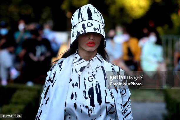 Model presents a creation from the Portuguese fashion designer Carlos Gil during the Lisbon Fashion Week - ModaLisboa Spring/Summer 2021 in Lisbon,...