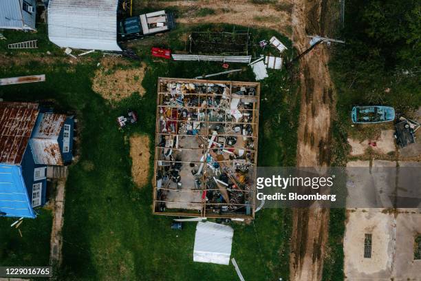 Damaged shed stands after Hurricane Delta made landfall in this aerial photograph taken above Lake Arthur, Louisiana, U.S., on Sunday, Oct. 11, 2020....