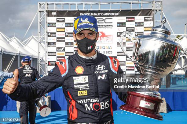 Daniel Sordo of Spain and Carlos Del Barrio of Spain celebrate their victory during Day Three of the WRC Italia Sardegna on October 11, 2020 in...