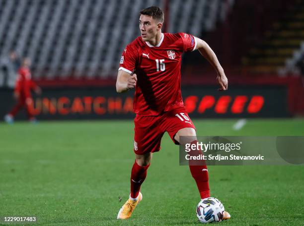 Dusan Vlahovic of Serbia in action during the UEFA Nations League group stage match between Serbia and Hungary at Rajko Mitic Stadium on October 11,...