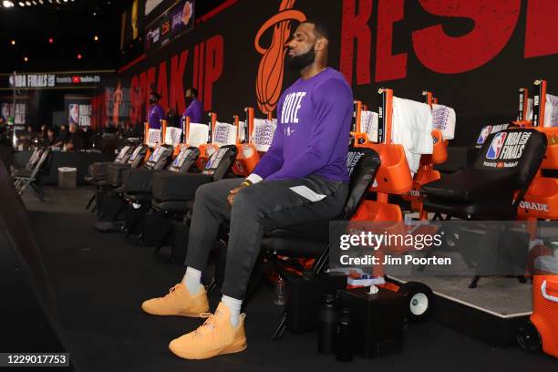 LeBron James of the Los Angeles Lakers focuses prior to the game against the Miami Heat in Game six of the 2020 NBA Finals as part of the NBA Restart...