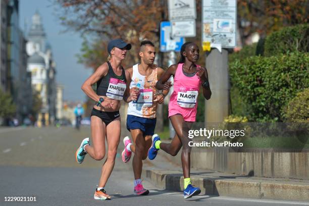 Jebet Naom of Kenya and Viktoriya Khapilina of Ukraine, lead the women race, during the 37th edition of Sofia Marathon. On Sunday, October 11 in...