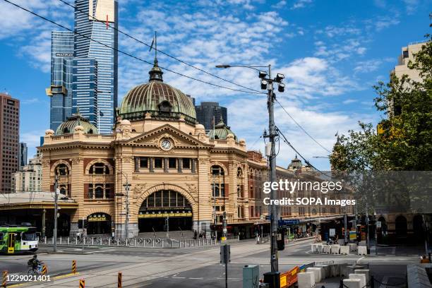 View of an empty Flinders Street Station during the lockdown. Under the stage 4 restriction of lockdown due to the second wave of Covid 19, the city...