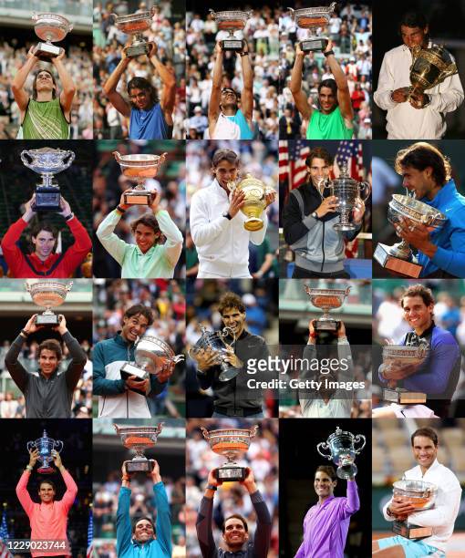 This composite image shows the 20 Grand Slam titles won by Rafael Nadal which include 1 Australian Open,13 French Open,2 Wimbledon and 4 US Open...