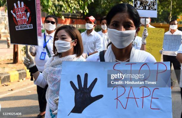 Nayay NGO protest to seek justice for Hathras gang rape victims at Jantar Mantar, on October 11, 2020 in New Delhi, India.