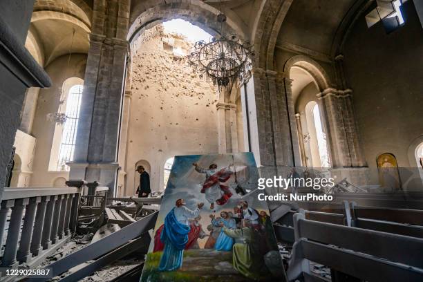 Religious destroyed painting among the destruction in the Ghazanchetsots Cathedral in Shushi, Nagorno Karabakh, after the Azerbaijan shelling in a...