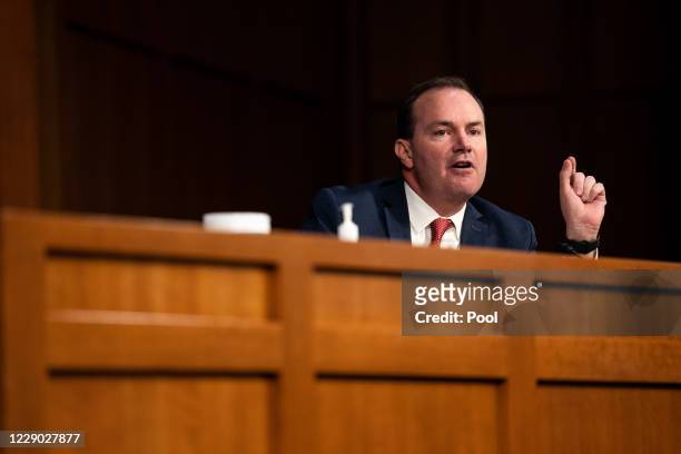 Sen. Mike Lee speaks during Supreme Court Justice nominee Judge Amy Coney Barrett's Senate Judiciary Committee confirmation hearing for Supreme Court...