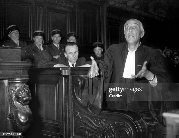 French lawyer Maurice Garçon makes his argument during the last day of the trial of René Hardy, aka Didot, former French resistance fighter in the...