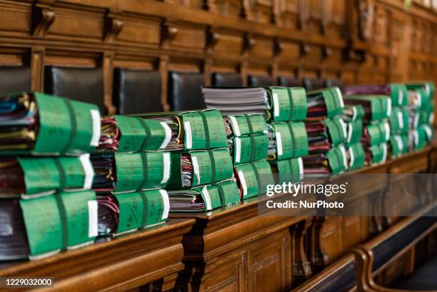 The files of the Tapie vs. Crédit Lyonnais arbitration case are stored in a courtroom of the Paris courthouse on October 12 on the first day of the...