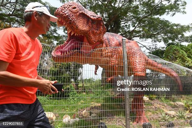 Man walks past the life-size dinosaur model, Tyrannosaurus Rex displayed along the "Changi Jurassic Mile" a leisure path way in Singapore on October...