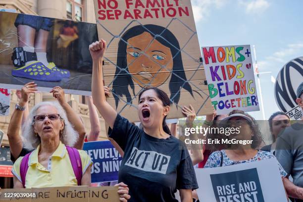Immigration advocates seeking to Abolish ICE gathered outside the Alexander Hamilton Custom House in Bowling Green where DHS Secretary Kirstjen...