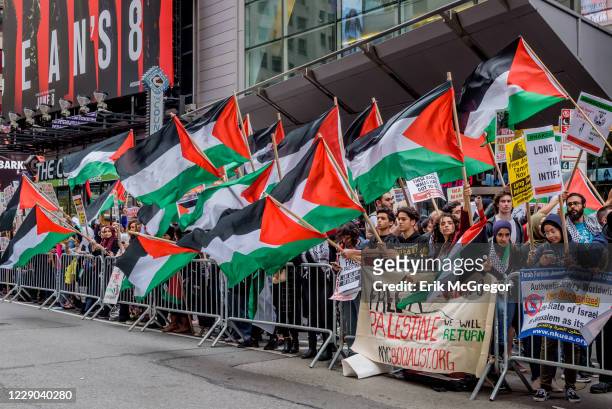 Hundreds of Palestinian nationals and Pro-Palestinian activists gathered at Times Square, 42nd St. 7th Avenue to support the ongoing struggle in...