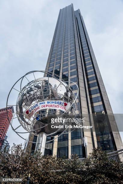 On the morning of Donald Trumps State of the Union address, January 30, 2018; a group of activist women climbed inside globe outside Trump...