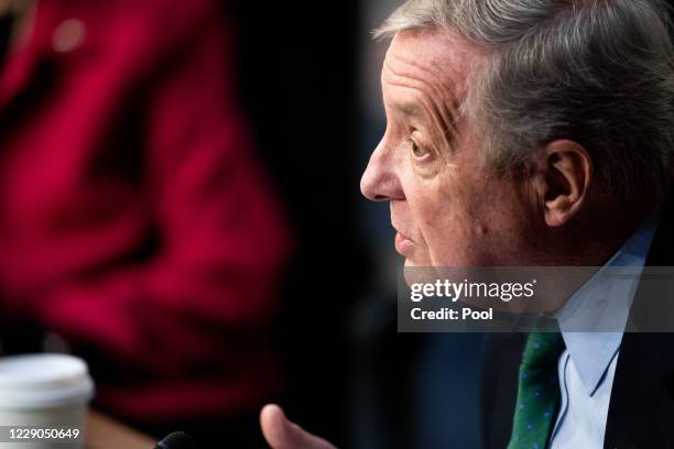 Sen. Dick Durbin speaks as Supreme Court nominee Judge Amy Coney Barrett testifies before the Senate Judiciary Committee on the second day of her...