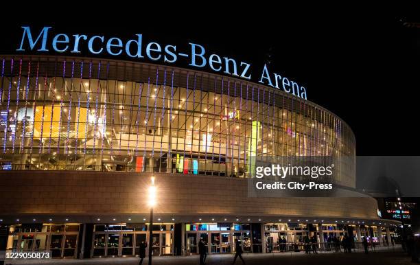 Exterior view of the Mercedes-Benz Arena before the game between Alba Berlin and Anadolu Efes Istanbul on october 13, 2020 in Berlin, Germany.