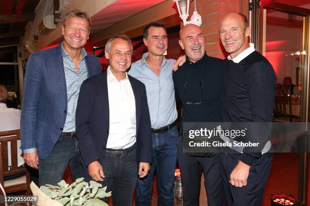 Guido Buchwald, Olaf Thon, Thomas Berthold, Raimond Aumann and Hans Pfluegler during the welcome reception prior the 30th anniversary celebration of...