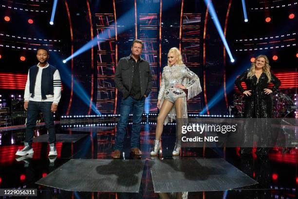 Blind Auditions" -- Pictured: John Legend, Blake Shelton, Gwen Stefani, Kelly Clarkson --