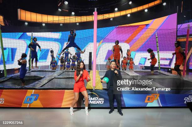 Zuleyka Rivera and Karim Mendiburu are seen during the premiere episode of Telemundo's new reality competition show "El Domo del Dinero" at Telemundo...