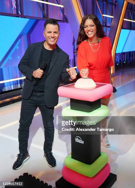 Karim Mendiburu and Zuleyka Rivera are seen during the premiere episode of Telemundo's new reality competition show "El Domo del Dinero" at Telemundo...