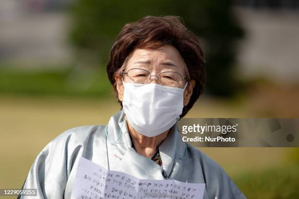 The Japanese military comfort women victim, Lee Yong-soo, holds a press conference at the Yeouido National Assembly urging the withdrawal of the...