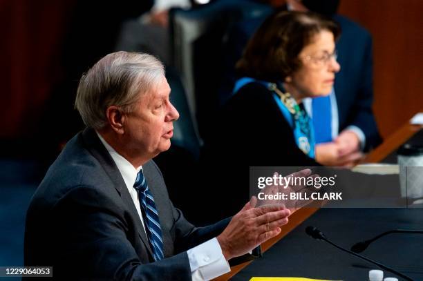 Chairman Sen. Lindsey Graham speaks during Supreme Court nominee Judge Amy Coney Barrett's testimony on the third day of her confirmation hearing...