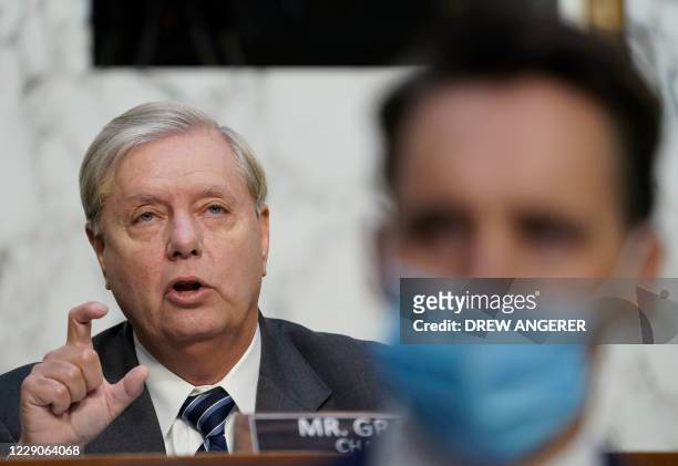 Chairman Sen. Lindsey Graham speaks during Supreme Court nominee Judge Amy Coney Barrett's testimony on the third day of her confirmation hearing...