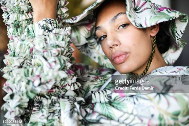 In this image released on October 14, A model backstage ahead of the Sudi Etuz presentation during Mercedes-Benz Istanbul Fashion Week at Galataport...