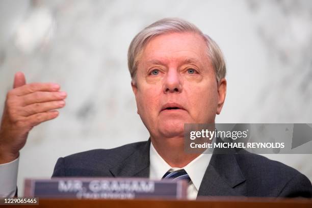 Chairman Sen. Lindsey Graham participates before nominee Judge Amy Coney Barrett's testimony on the third day of her confirmation hearing before the...