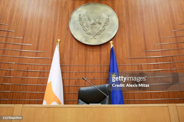 The empty chair of Cypriot President of Parliament Demetris Syllouris is seen on October 14, 2020 in Nicosia, Cyprus. Syllouris has abstained from...