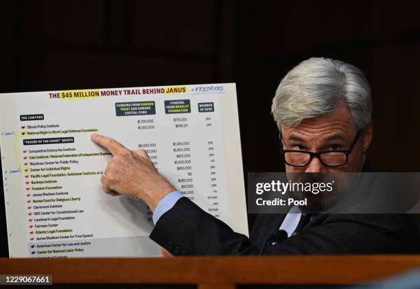 Sen. Sheldon Whitehouse questions Supreme Court nominee Judge Amy Coney Barrett as she testifies before the Senate Judiciary Committee on the third...