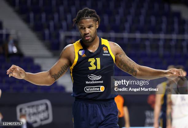 Devin Booker, #31 of Khimki Moscow Region looks on during the 2020/2021 Turkish Airlines EuroLeague Regular Season Round 3 match between Real Madrid...