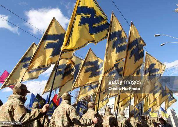 Members of the Azov regiment take part in a march to the 78th anniversary of the founding of the Ukrainian Insurgent Army in central Kyiv, Ukraine on...