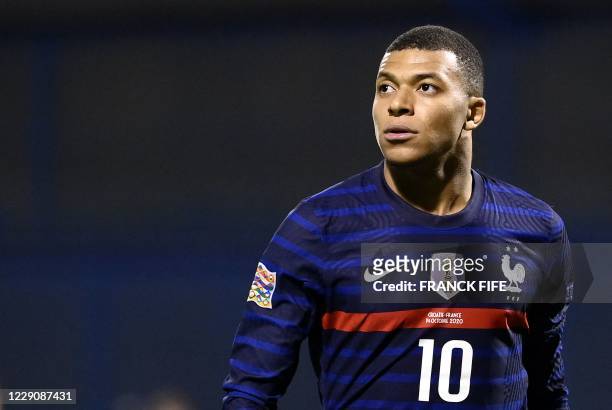 France's forward Kylian Mbappe looks on during the UEFA Nations League Group A3 football match between Croatia and France at the Maksimir Stadium in...