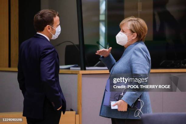 President of France Emmanuel Macron and Chancellor of Germany Angela Merkel pictured during the first day of the EU summit meeting to discuss the...