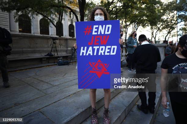 Jews are gathered in front of the New York Public Library on 5th Ave. To protest anti-semitism as 'End Jew Hatred' in Manhattan of New York City,...