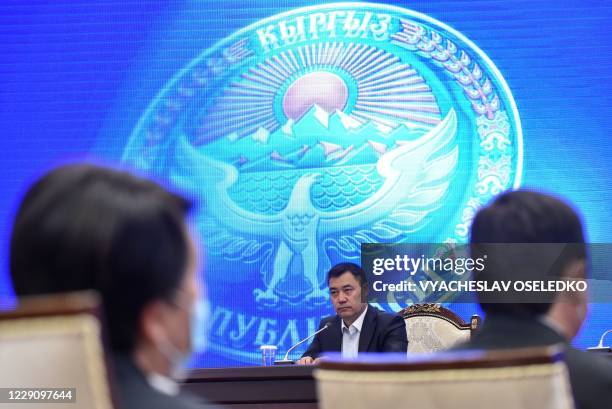 Kyrgyzstan's recently-appointed Prime Minister Sadyr Japarov attends the Kyrgyz Parliament extraordinary meeting at Ala-Archa state residence in...