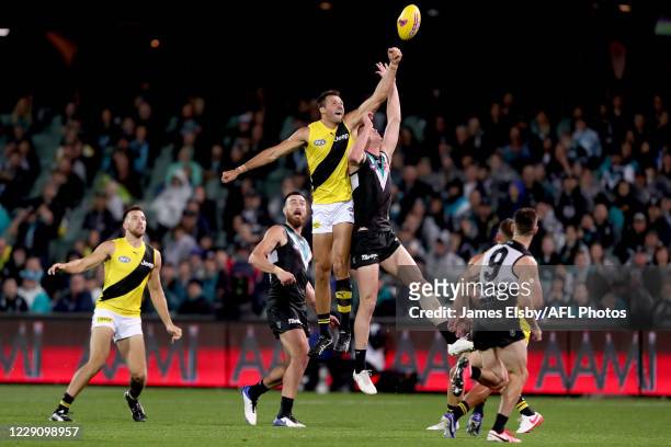 Toby Nankervis of the Tigers competes with Peter Ladhams of the Power during the 2020 AFL First Preliminary Final match between the Port Adelaide...