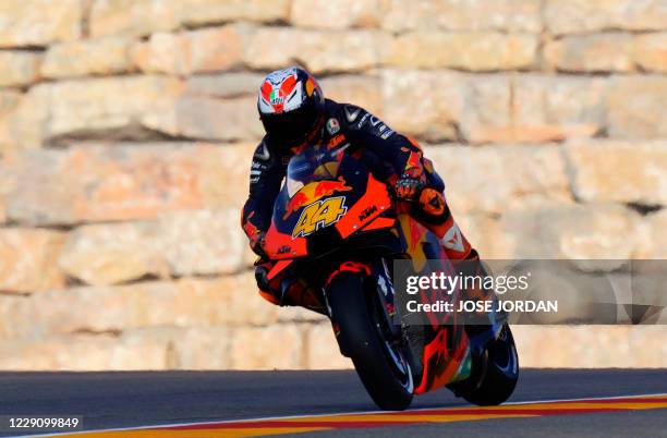 Red Bull KTM Factory Racing Spanish driver Pol Espargaro rides during the first MotoGP free practice session of the Moto Grand Prix of Aragon at the...