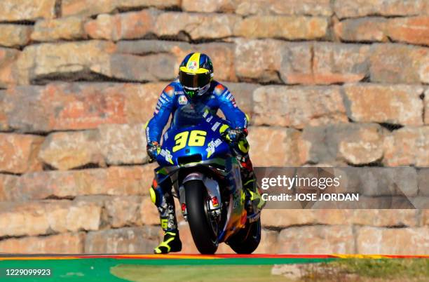 Suzuki Ecstar's Spanish rider Joan Mir rides during the first MotoGP free practice session of the Moto Grand Prix of Aragon at the Motorland circuit...