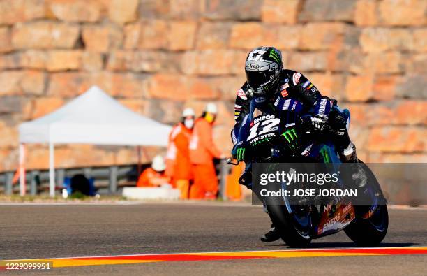 Monster Energy Yamaha' Spanish rider Maverick Vinales rides during the first MotoGP free practice session of the Moto Grand Prix of Aragon at the...