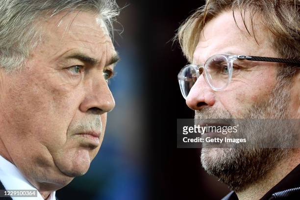 In this composite image a comparison has been made between Carlo Ancelotti, Manager of Everton and Liverpool manager Jurgen Klopp. Everton and...