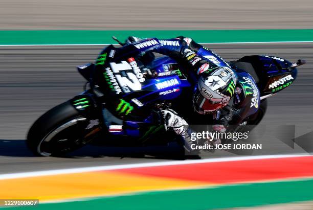 Monster Energy Yamaha' Spanish rider Maverick Vinales rides during the first MotoGP free practice session of the Moto Grand Prix of Aragon at the...