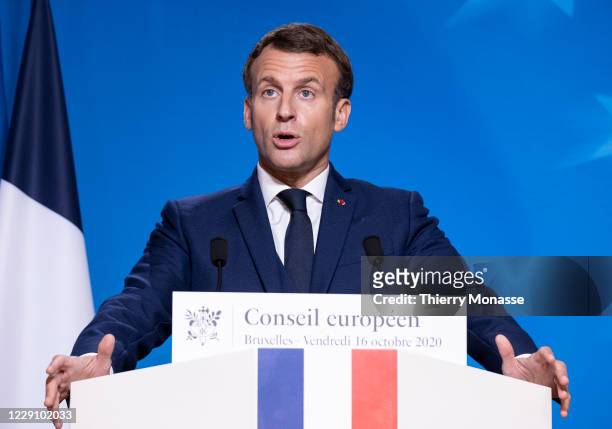 French President Emmanuel Macron talks to media at the end of the second day of an EU Summit on October 16, 2020 in Brussels, Belgium. On Brexit, the...