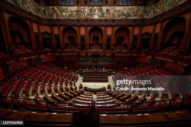 General view of the empty hall of Palazzo Montecitorio seat of the Italian Chamber of Deputies, on October 16, 2020 in Rome, Italy. The historical...